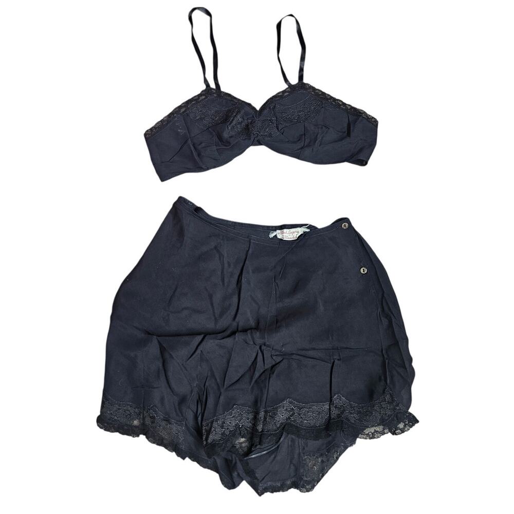 Vintage 60s Black Lingerie By Blanche XS Chiffon Silk Pin Up Set Shorts Bralette